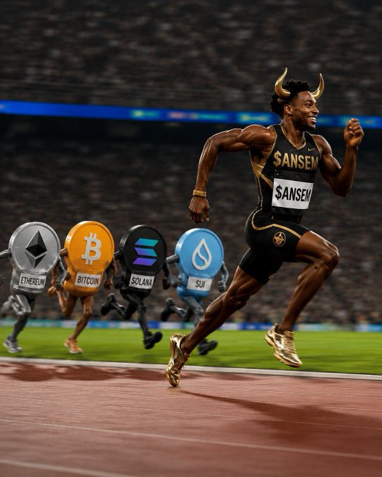 An AI-generated image of a track athlete wearing a 'SANSEN' jersey running away from cryptocurrency mascots including Ethereum, Bitcoin, Solana, and Sui.