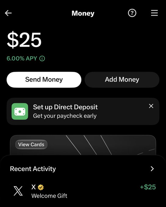 The screenshot displays the X Money app home screen showing a $25 balance with 6.00% APY, featuring options to "Send Money" and "Add Money," along with a recent activity entry showing a "+$25 Welcome Gift." The image illustrates the user's new X Money account after signing up, highlighting the balance they've accumulated while raising their question about converting their funds to Bitcoin.