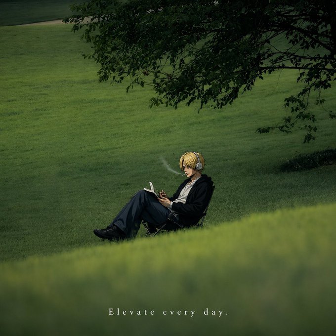 An anime-style illustration of a blonde figure in headphones sitting in a chair on green grass beneath a tree, writing in a notebook with the text 'Elevate every day.'