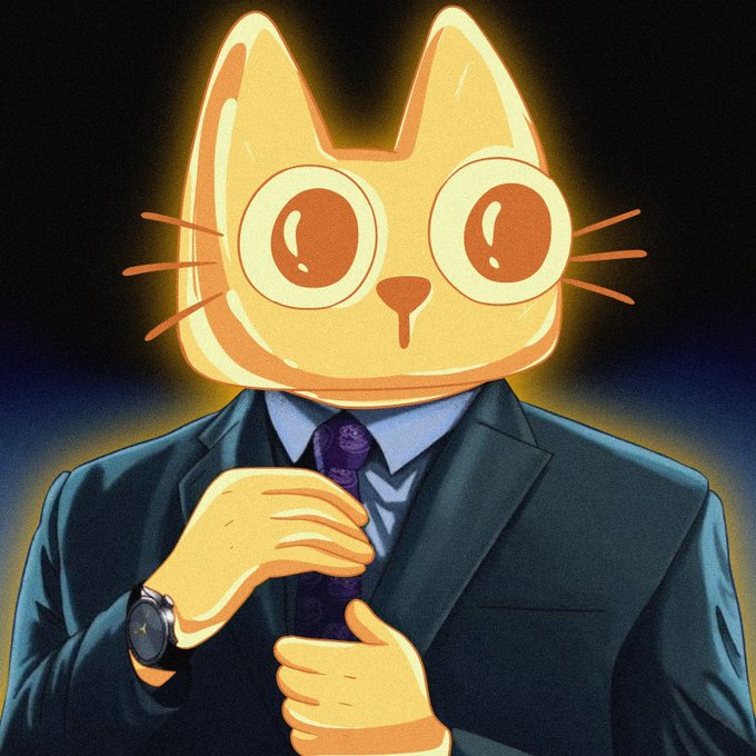 A digital illustration depicts an anthropomorphic yellow cat character wearing a dark suit and a patterned purple tie, adjusting the tie with both hands.