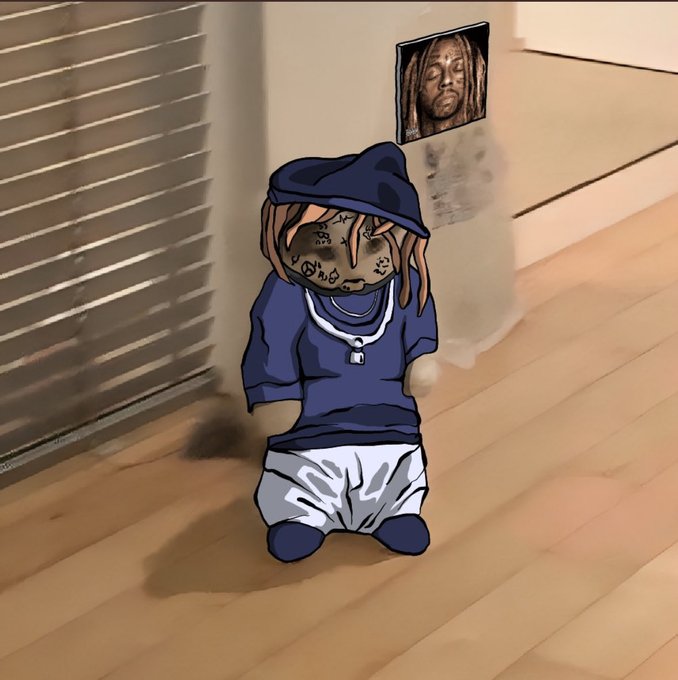 A digital cartoon character with dreadlocks, a blue hat and hoodie, and a face covered in tattoos sits on a wooden floor near a framed poster of the rapper Lil Wayne.
