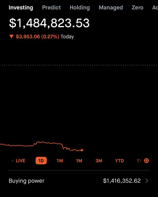 A portfolio screenshot showing $1,484,823.53 with a $3,953.06 (0.27%) decline today and $1,416,352.62 in buying power, visually backing the poster's claim about enabling leverage to buy any dip—though the "send it all to $0" bravado is tempered by the modest single-day loss on this substantial balance.