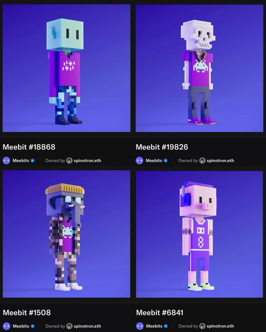 A 2×2 grid showcases four colorful voxel-style Meebit avatars against blue backgrounds, labeled “Meebit #18868,” “Meebit #19826,” “Meebit #1508,” and “Meebit #6841,” each verified and owned by “spinitron.eth.” The varied designs illustrate the breadth of Meebits’ traits highlighted in the post about Spino’s collecting approach.