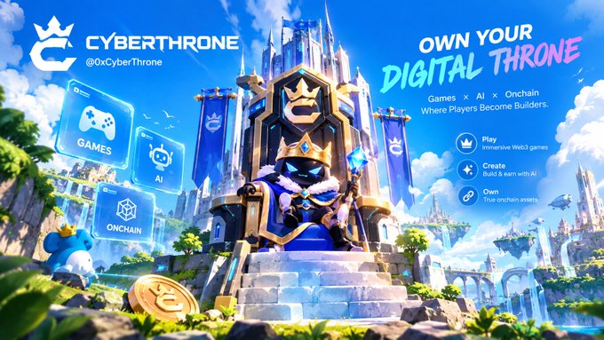 An advertisement for 'CYBERTHRONE' (@0xCyberThrone) with the tagline 'OWN YOUR DIGITAL THRONE' showcases features like 'Play', 'Create', and 'Own' set against a fantasy castle backdrop.