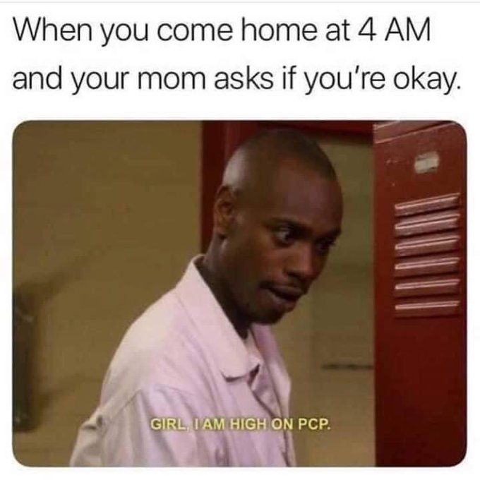 A meme with the text 'When you come home at 4 AM and your mom asks if you're okay.' over a scene of a man with the subtitle 'GIRL, I AM HIGH ON PCP.'