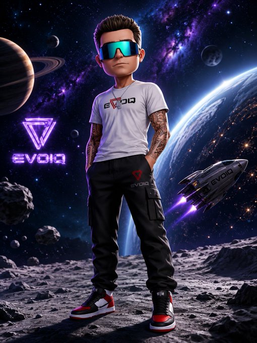 A digital illustration of a stylish young man wearing reflective sunglasses, a white 'EVOIQ' t-shirt, and black cargo pants, standing on a rocky lunar surface with a spaceship and planets in the cosmic background.