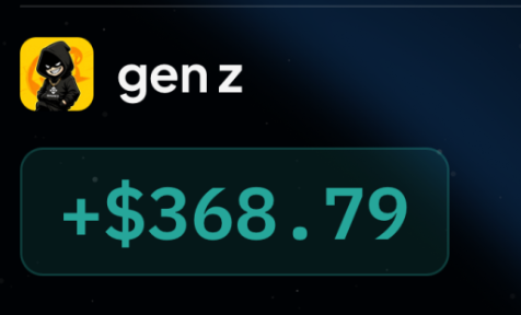 A screenshot from the Binance app showing a profit of "+$368.79" for the "gen z" token ($Z), matching the post's claim of successfully timing the peak sale of the meme coin.