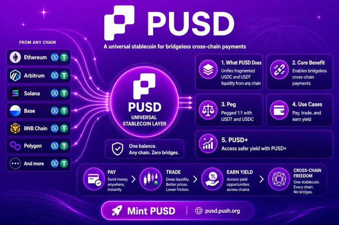 The image features a purple background with white text explaining the concept of stablecoins and their role in the PUSD platform. The text highlights that stablecoins are used as a universal payment layer, which means they can be used across different chains without requiring conversion or additional fees. This is an important feature for users who want to seamlessly transfer their funds between various cryptocurrency exchanges without incurring extra charges. The image also includes icons representing different cryptocurrencies and the PUSD logo, reinforcing the idea that stablecoins are a key aspect of the platform's functionality.
