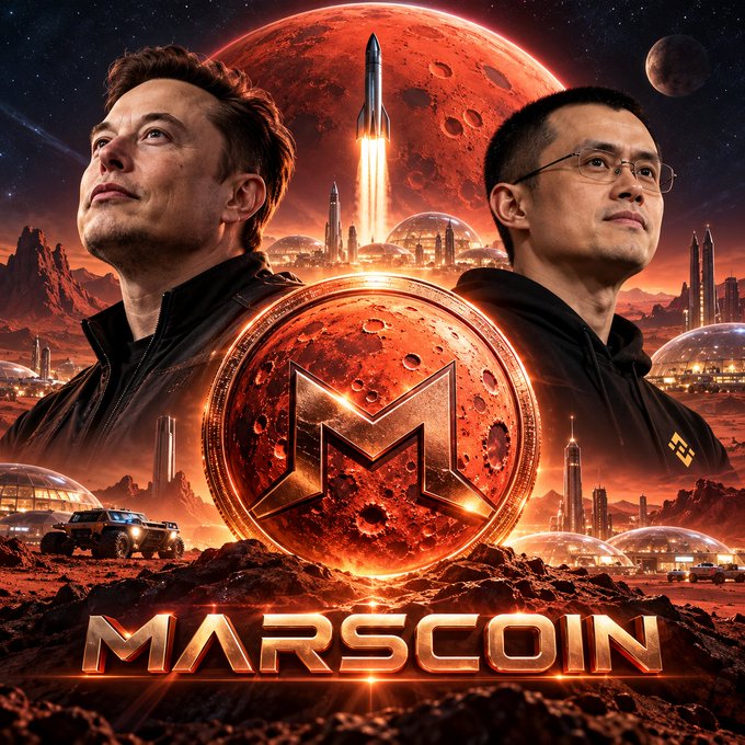 An AI-generated promotional image featuring Elon Musk and Changpeng Zhao (CZ) against a Mars backdrop, with the text 'MARSCOIN' at the bottom.