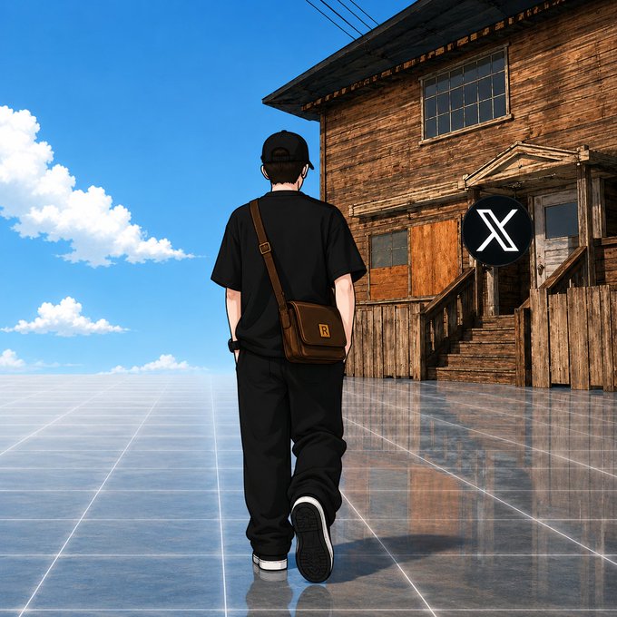 A person in all-black streetwear with a brown crossbody bag walks across a glossy tiled surface toward an old wooden building, set against a bright blue sky with clouds. The image's "X" logo overlaid on the building ties into the post's "morning frens... let's get to work>>" caption, evoking a fresh-start, grind-focused vibe for the crypto community.