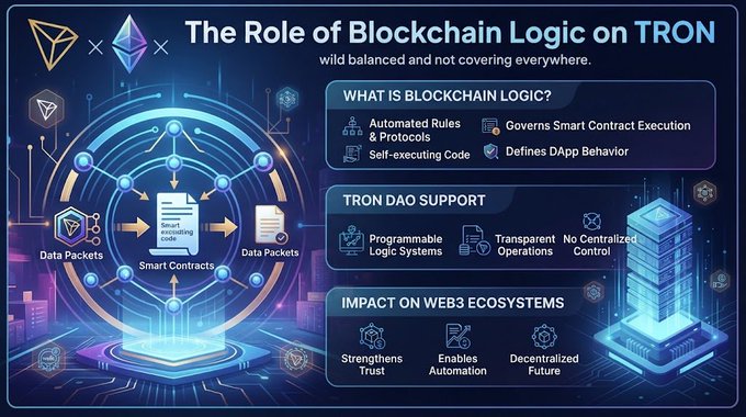 An infographic titled 'The Role of Blockchain Logic on TRON' explaining blockchain logic as automated rules and protocols, and detailing TRON DAO support and its impact on Web3 ecosystems through programmable logic, transparency, and decentralization.