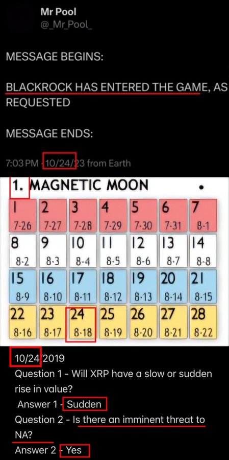 The image shows a tweet from @_Mr_PooL_ claiming "BLACKROCK HAS ENTERED THE GAME" dated 10/24/23, alongside a calendar highlighting 8/18 (Magnetic Moon) and a Q&A stating XRP will have a "Sudden" rise with an "imminent threat" answer of "Yes." The image reinforces the post's claim by presenting the message as a "BlackRock lift off" signal and an 8/18 catalyst tied to a sudden XRP short squeeze.