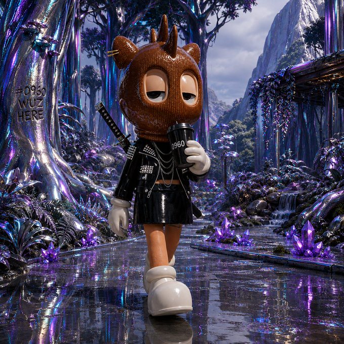 A 3D-rendered character with a brown textured head, wearing a black studded outfit and holding a coffee cup labeled '#0960', walking through a vibrant purple crystalline forest with text '#0930 WUZ HERE' visible.