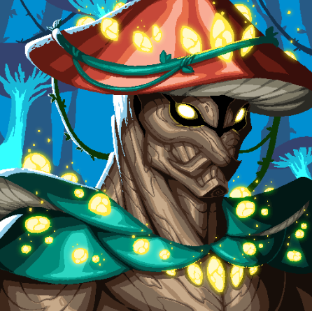 A digital illustration of a menacing tree-like creature wearing a large red mushroom cap, with glowing yellow eyes and bright yellow spores or lights emerging from its wooden body.