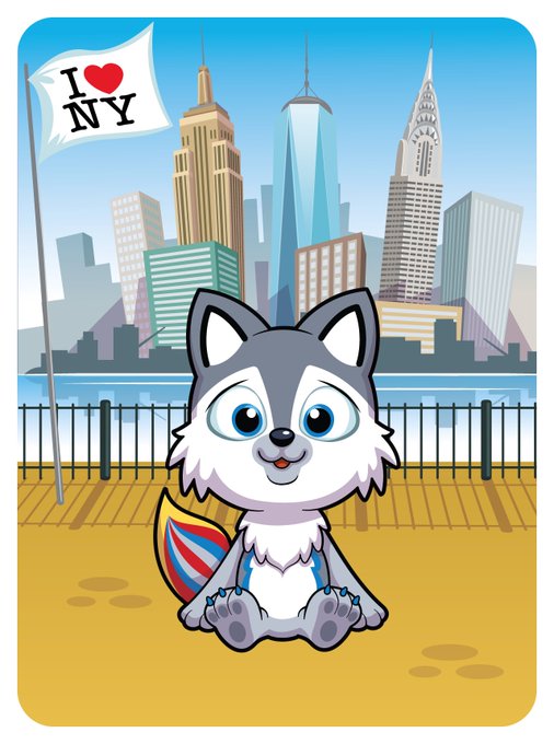 An illustration of a cute cartoon husky puppy sitting on a boardwalk with a New York City skyline in the background, next to an 'I ❤ NY' flag.