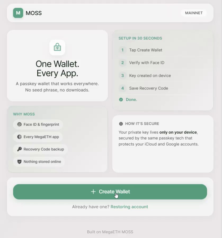 The image shows a screenshot of a webpage from MegaETH MOSS that appears to be explaining the process for setting up an app named "One Wallet". The title of the post is "MOSS @ MegaETH ThoMS" and there are details on how to create an account through the application. This information will likely help users understand the registration steps needed to access this particular app, providing them with a clear process to follow.