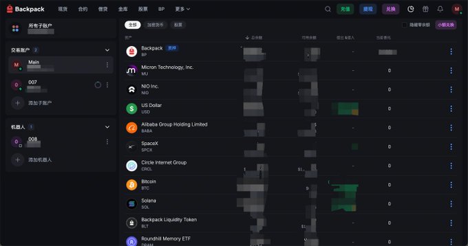 A Backpack cryptocurrency exchange wallet interface showing various assets including BP, Mvison Technology Inc., NEO Inc., US Dollar, Alibaba Group Holding Limited, SpaceX, Circle Internet Group, Bitcoin, Solana, Backpack Liquidity Token, and Roundhill MEMO ETF, with some balance details blurred.