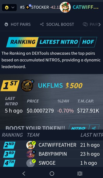 A mobile app screenshot showing a ranking leaderboard from DEXTools, with UKFLMS in 1st place and a "BOOST YOUR TOKEN!!" section listing CATWIFFEATHER, BABYPIMPSIN, and SWOGE.