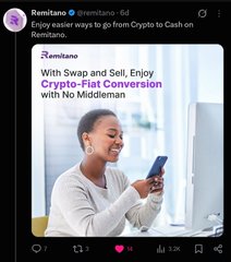 An Instagram post from Remitano advertising "Enjoy easier ways to go from Crypto to Cash on Remitano" featuring a woman looking at her phone with text about "Swap and Sell" and "Crypto-Fiat Conversion."