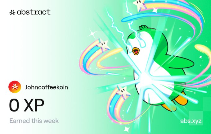 An Abstract crypto wallet screenshot showing the account 'Johncoffeekoin' with '0 XP Earned this week', featuring a cartoon penguin mascot surrounded by rainbow trails and star graphics.