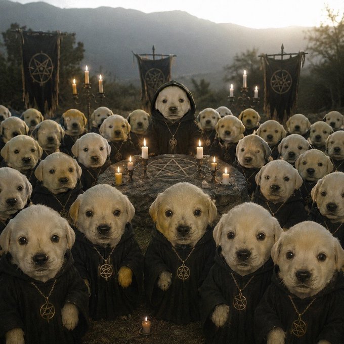 AI-generated image of a hooded dog leading a cult-like ceremony, surrounded by rows of golden retriever puppies wearing dark robes and pentagram necklaces, with candles and ritual banners.