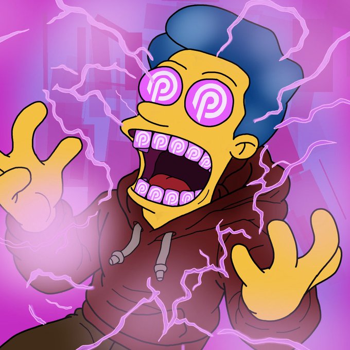 A cartoon illustration of a Simpson-like character with blue hair, wide eyes and an open mouth displaying "P" symbols on the teeth, surrounded by purple lightning effects.