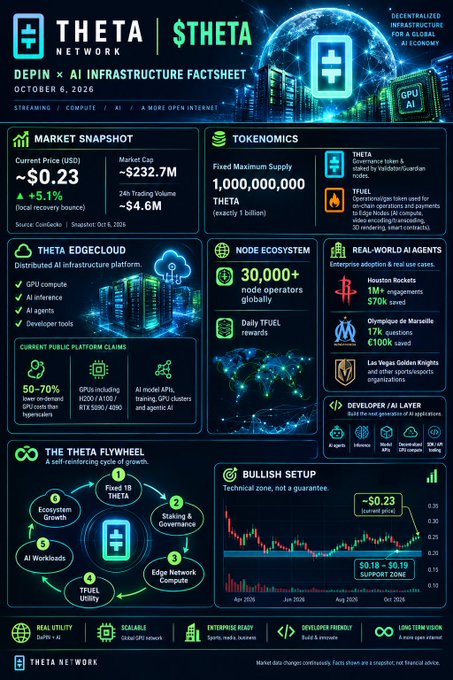 A factsheet infographic for the THETA Network ($THETA) details market data, tokenomics, and an 'EdgeCloud' infrastructure, showing a current price of ~$0.23 and a market cap of ~$232.7M.