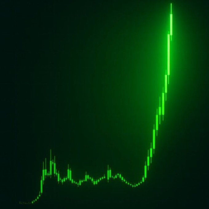 A glowing green candlestick chart shows a sharp upward price rally breaking out from a prolonged consolidation, visually reinforcing the post's anticipation of a memecoin surging to a new all-time high.