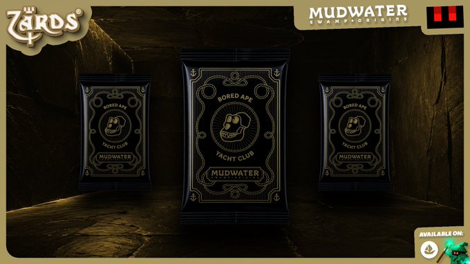 A Mudwater advertisement shows three black product boxes labeled “BORED APE YACHT CLUB MUDWATER,” with “ZARDS,” “MUDWATER,” “AVAILABLE ON,” and Steam and Epic logos.