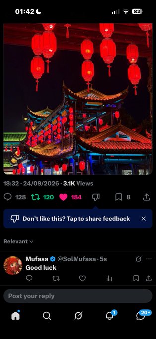 A screenshot of an X (Twitter) post by user 'Mufasa @SolMufasa' showing a photo of Chinese-style architecture illuminated with red lanterns, posted at 01:42 on 24/09/2026 with 3.1K views.