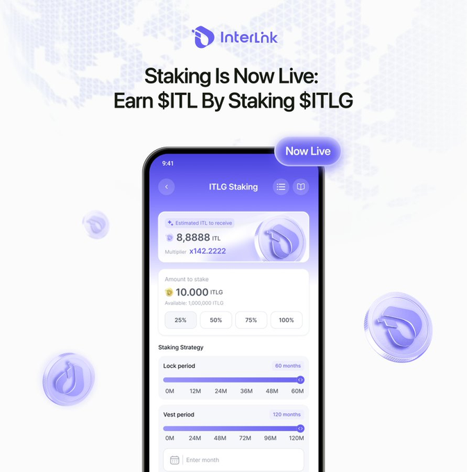 The image is a promotional graphic for InterLink announcing that staking is now live, allowing users to earn $ITL by staking $ITLG, showing a mobile app interface with an estimated 8,8888 ITL return, a 10,000 ITLG staking amount, a 60-month lock period, and a 120-month vest period. The graphic supports the post by visualizing the staking platform's lock and vest periods, clarifying that the lock/vest schedule applies to the $ITL rewards rather than the staked $ITLG itself.