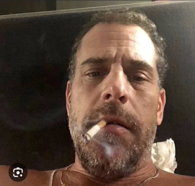 A close-up photo of Hunter Biden smoking a cigarette is paired with a post promoting a "Hunter Biden meme coin $LAPTOP," using the image as bait to hype the cryptocurrency launch and lure followers into retweeting for a supposed contract address DM.
