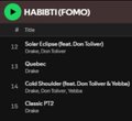 The image shows a Spotify track listing for "HABIT(F/FOMO2)" by Lil Yachty featuring edition, with the caption noting that the best song on the album "FOMO" got cleared, suggesting the song "HABIT" was initially delayed due to a sample clearance issue but has now been officially released.