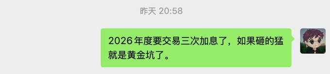 A WeChat message screenshot in Chinese reading '2026年度要交易三次加急了，如果砸的猛就是黄金坑了。' sent at 昨天 20:58 (Yesterday 20:58) with a small anime avatar of a girl with glasses.