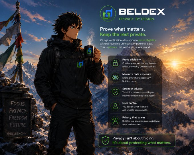 An anime-style promotional image for BELDEX with the tagline 'PRIVACY. BY DESIGN.' showing a character holding coffee, with text highlighting features like 'Prove eligibility,' 'Minimize data exposure,' 'Stronger privacy,' 'User control,' and 'Privacy that scales.'
