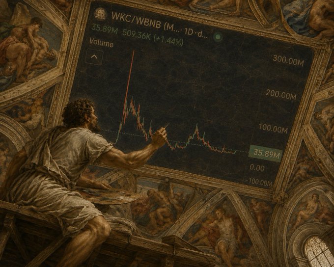 A classical Michelangelo-style fresco painting depicting a figure on scaffolding painting a large dark panel that displays a cryptocurrency trading chart for WKC/WBNB with a value of 509.36K (+1.44%) and volume of 35.89M.