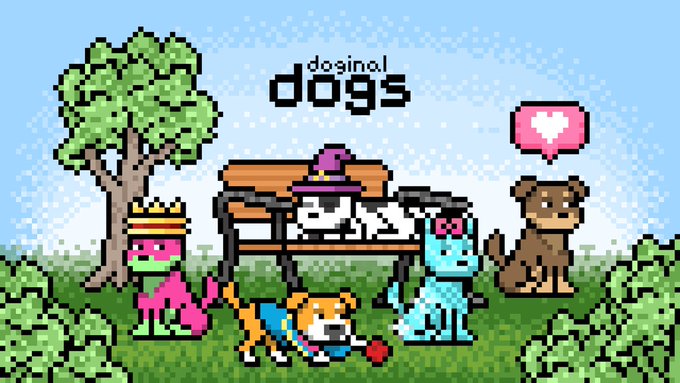 A pixel art illustration featuring anthropomorphic dog characters in a park, labeled 'doginal dogs'.