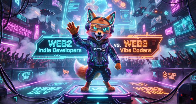A vibrant cyberpunk-style illustration featuring an anthropomorphic fox in a tech outfit, with a battle-style display reading 'WEB2 Indie Developers vs. WEB3 Vibe Coders'.