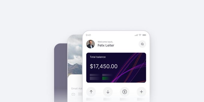 Mobile app mockups showing a banking interface welcoming back 'Felix Leiter' with a total balance of $17,450.00.