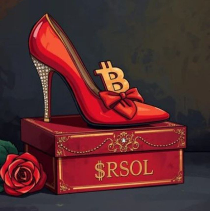 A red crystal-embellished stiletto with a Bitcoin "₿" emblem and bow rests atop an ornate red jewelry box labeled "$RSOL," with a red rose beside it — creatively referencing the Bitcoin-themed token "$RSOL" while playfully answering the post's question "so what was in the ₿ox?" by suggesting a glamorous, crypto-styled "glass slipper."