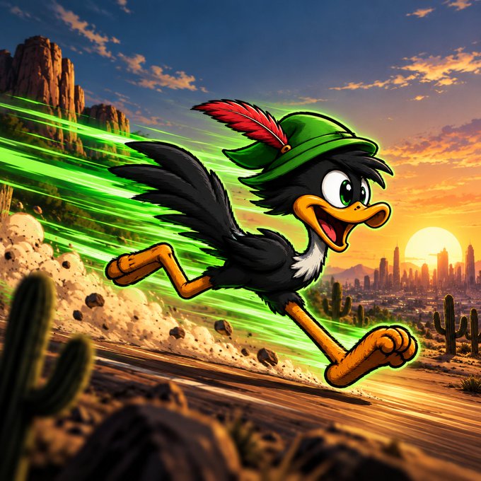 A vibrant digital illustration shows an animated ostrich wearing a green hat with a red feather, running at super speed through a desert landscape with green motion trails, with a city skyline and sunset in the background.