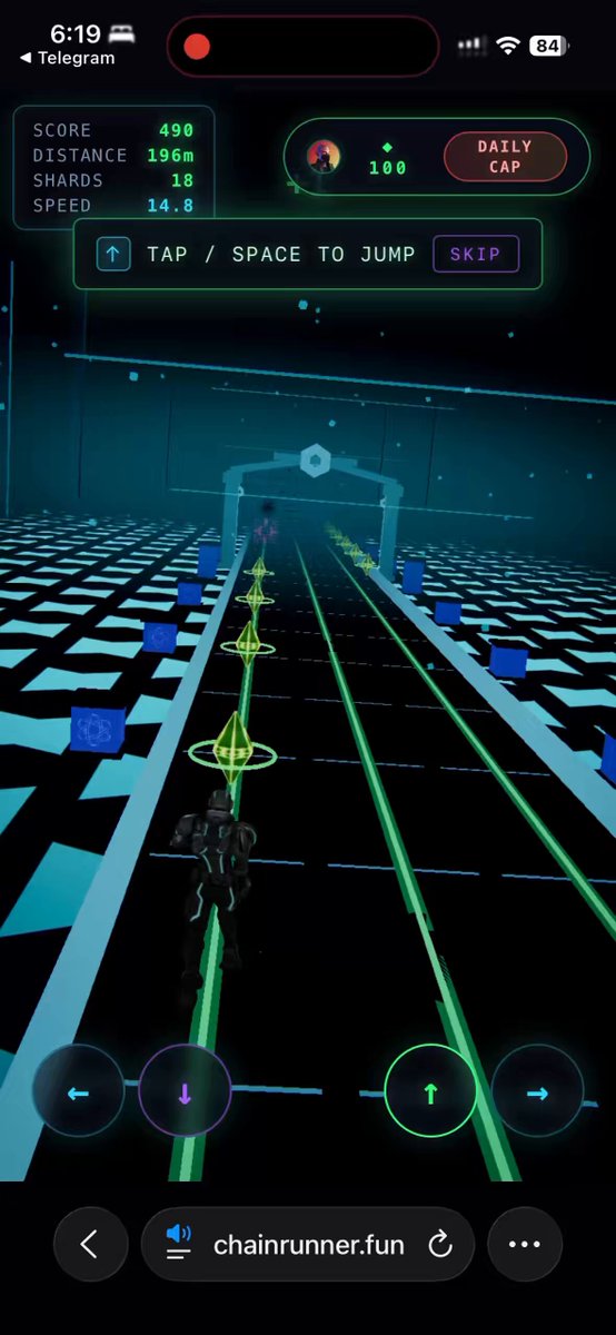 The image features an app called "chainrunnergame", which has a focus on a cycling game that takes place on a virtual road with neon green lines. The game seems to be set up for a mobile device, as suggested by the text within the image. A caption below the picture reads "@threejs engine". The app is described as a fun and engaging gaming experience, and it appears to have been played in less than 24 hours using smart contracts, which implies that users might have chosen to play with their phones rather than on a computer.
