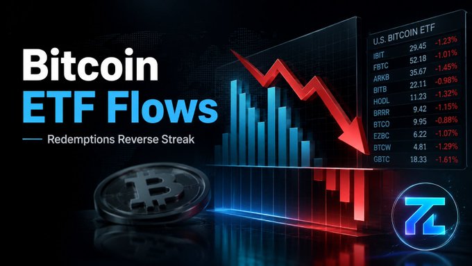 A news-style graphic titled 'Bitcoin ETF Flows - Redemptions Reverse Streak' shows a red downward arrow, a chart, a Bitcoin coin, and a list of U.S. Bitcoin ETFs with negative percentage changes.