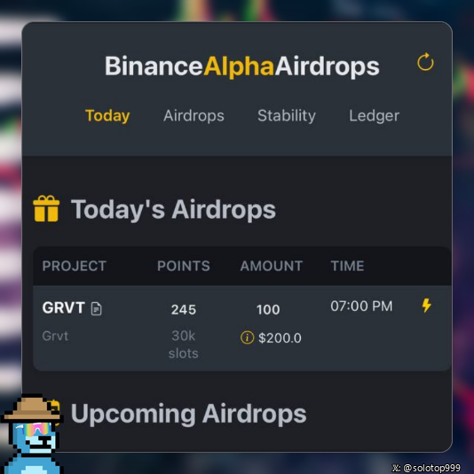The image shows a Binance Alpha Airdrops dashboard displaying today's airdrop for the GRVT project, which requires 245 points, offers 100 GRVT, and is scheduled for 7:00 PM, with 30k slots and a $200.0 value. This aligns with the post announcing a GRVT airdrop event on Binance Wallet, highlighting the 100 GRVT reward available through Binance Alpha collect at the same 7:00 PM time.