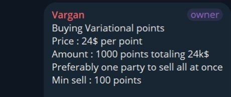 A dark-themed message card from 'Vargan' (marked 'owner') stating they are buying Variational points at 24$ per point, looking to buy 1000 points totaling 24k$, preferring one party for the sale with a minimum of 100 points.