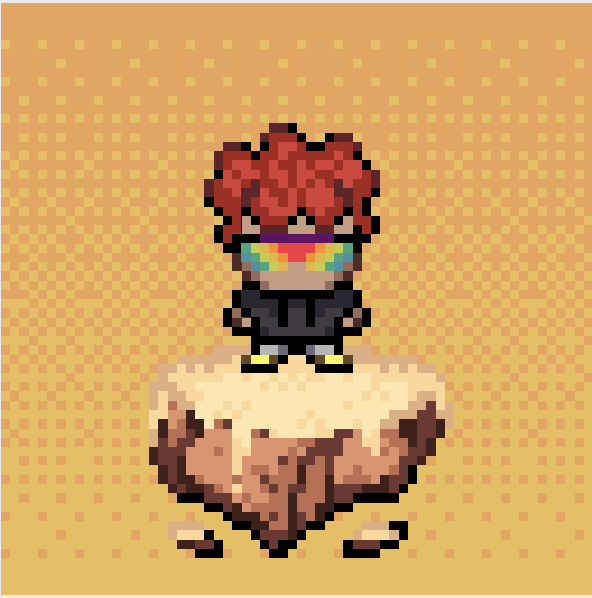 A pixel art character with curly red hair, a rainbow bandana over their face, and a black hoodie stands on a floating landmass against an orange dotted background.