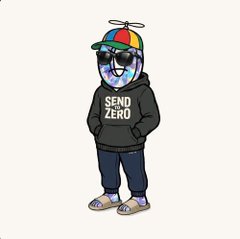 A cartoon penguin character wearing a propeller cap, sunglasses, and a black hoodie with "SEND ZERO" written on it, standing with hands in pockets.