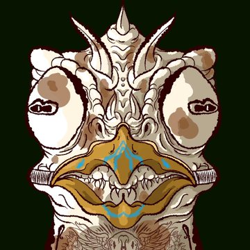 An illustration of a strange creature with multiple eyes, including large ones on the sides of its head, a beak-like mouth with teeth, and horn-like protrusions on top.
