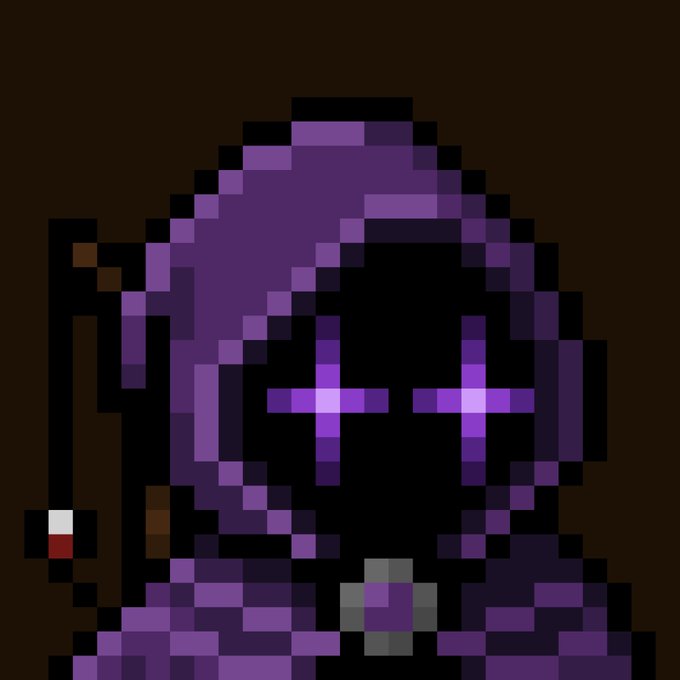 A pixel art image of a hooded figure in purple robes with glowing purple eyes, holding a small staff or wand.
