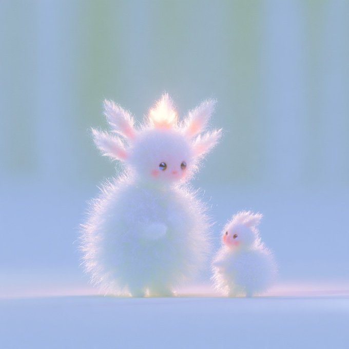 A cute, fluffy white 3D-rendered creature with multiple ear-like appendages on its head, blushing cheeks, and big dark eyes sits beside a smaller similar creature against a soft pastel background.